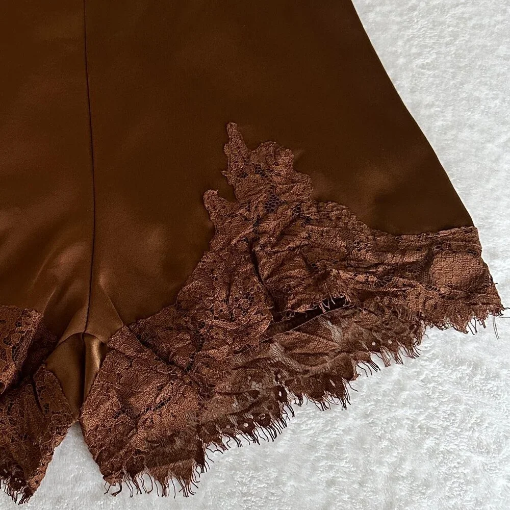 Brown Lace-Trim Silky Satin Shorts Size: S - Loungewear as Outerwear - Picture 4 of 12